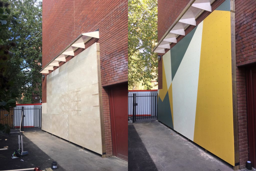 interactive sports leisure isl blog 0003 building traverse climbing wall 2 multiplay install outdoor climbing wall school dulwich london timber plywood paint