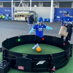 Event Hire 13 Young girl at hire event with exergame ICON Fast Feet football soccer ring for interactive sports and leisure