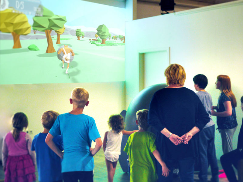 FoxBall (SisyFox) 5 Adult watches kids playing exergame FoxBall aka SisyFox Physical Gaming platform supplied for Interactive Sports and Leisure