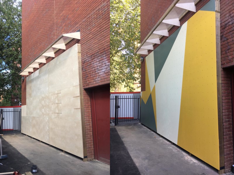 2 stage building of outdoor traverse climbing wall installation in London school
